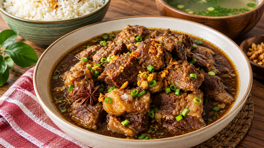 Hearty Filipino beef pares served in a bowl, accompanied by rice and garnished with fresh green onions.