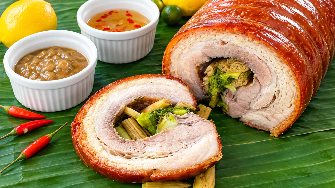 Whole pork belly roll served with vegetables and sauce on a banana leaf, showcasing a traditional Filipino dish.