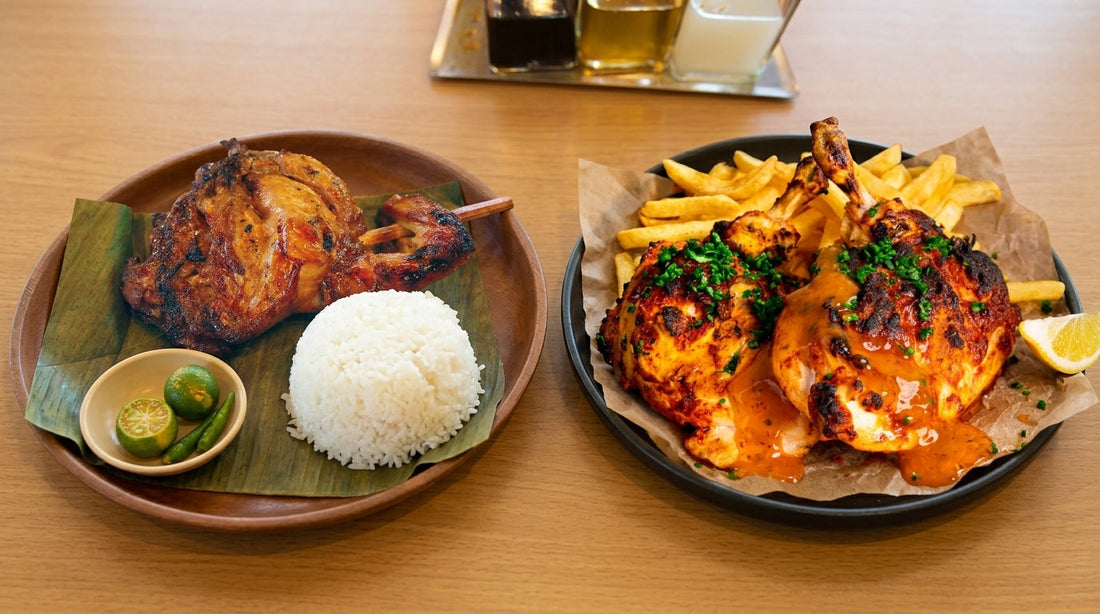 A side-by-side comparison of Chicken Inasal and Peri-Peri Chicken on plates, accompanied by rice.