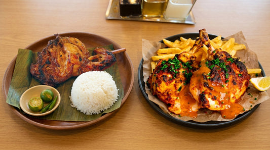 A side-by-side comparison of Chicken Inasal and Peri-Peri Chicken on plates, accompanied by rice.